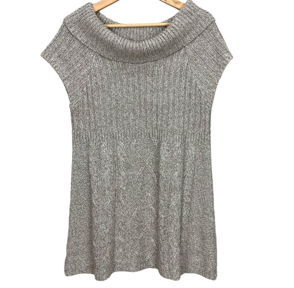 New Directions Tunic Foldover Sweater Oatmeal Cableknit L Large